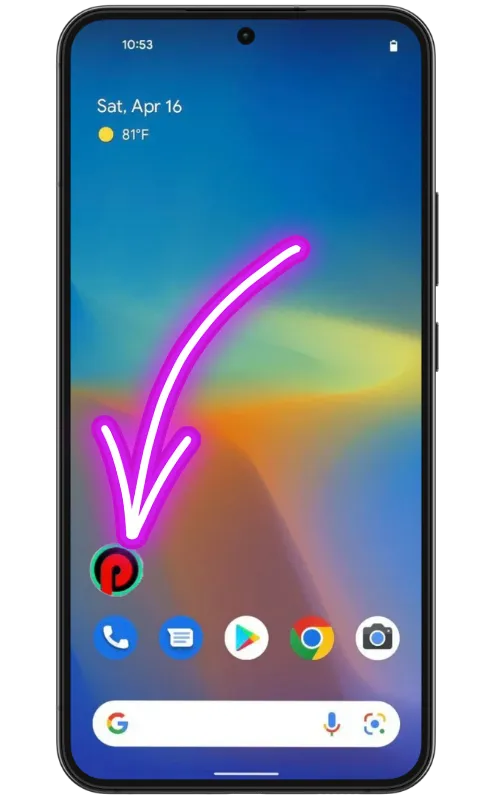 Android home screen showing the opened Pin Up app with options to log in or create a new account