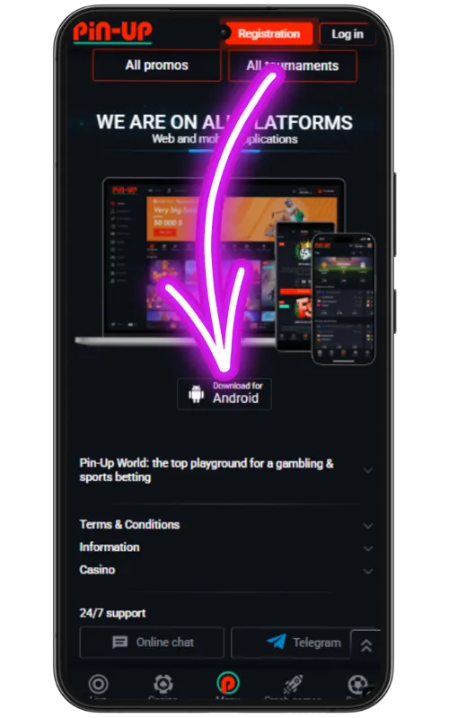 Android device screen showing the Pin Up APK file being downloaded after tapping the download link