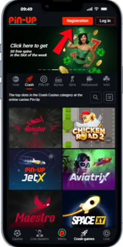Pin Up app registration page on mobile screen