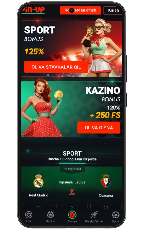 Android screen showing a browser open with the user visiting the official Pin Up website