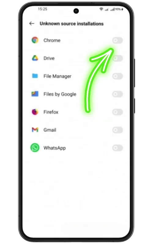 Android settings screen open in the Security section where the user enables installation from unknown sources
